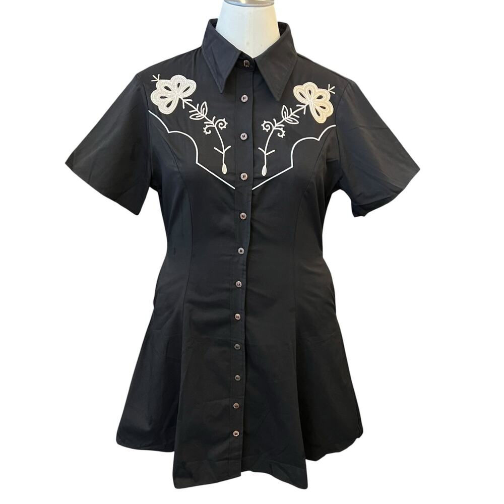 Boozelele XL Black Embroidered Button Front Shirt Dress 100% Cotton Western EUC